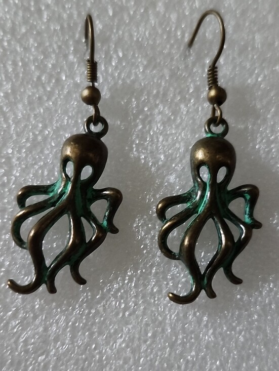 Hand Crafted Jewelry - Hand Crafted Bronze Tone Octopus Earrings with Green Patina Accents